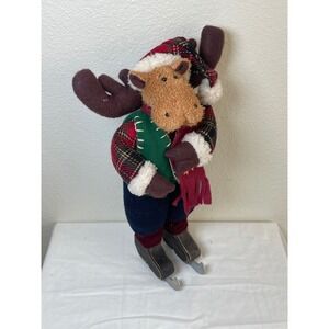 Christmas Moose Figurine 15" Red Green Plaid Ice Skating Decor Unbranded